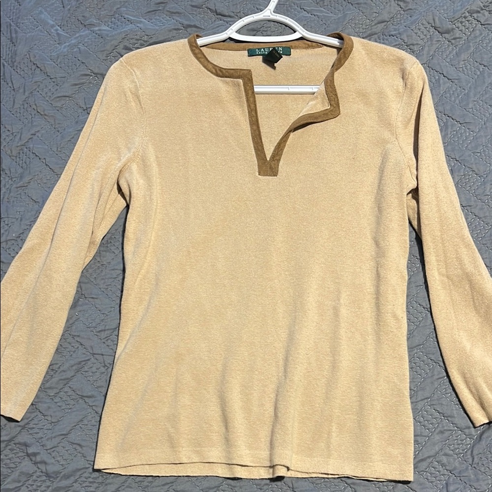Tan 3/4 Sleeve Top with Brown Trim